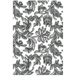 May include: A detailed, grayscale floral pattern against a white background. The design features stylized leaves, vines, and flower-like shapes with a 3D effect. The pattern is symmetrical and repeats across the surface, creating a textured appearance.