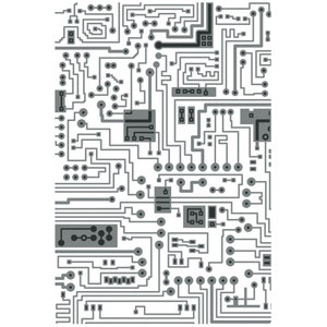 May include: A graphic pattern featuring a complex network of dark grey circuit board lines, traces, and circular connection points set against a solid white background, creating a technical and geometric design reminiscent of electronic hardware.