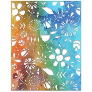 May include: A decorative paper with a watercolor background in shades of orange, green, and blue. The paper features intricate cut-out floral and geometric designs, creating a layered effect. The design is suitable for crafts and scrapbooking.