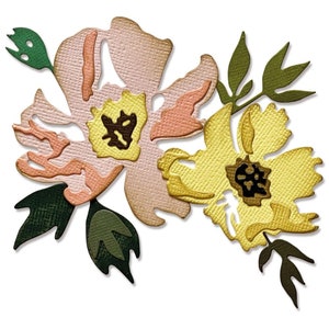 May include: A digital paper craft featuring two stylized flowers with pink and yellow petals and green leaves.