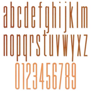 K&ouml;nnte beinhalten: Ein vollst&auml;ndiger Satz von Kleinbuchstaben des Alphabets von a bis z und Ziffern von 0 bis 9, dargestellt in einer hohen, schmalen serifenlosen Schriftart mit einer texturierten, gebrannten orangefarbenen Oberfl&auml;che in drei Reihen.