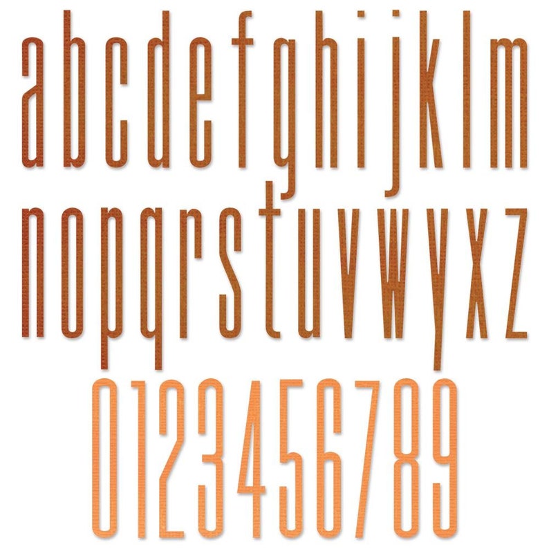 K&ouml;nnte beinhalten: Ein vollst&auml;ndiger Satz von Kleinbuchstaben des Alphabets von a bis z und Ziffern von 0 bis 9, dargestellt in einer hohen, schmalen serifenlosen Schriftart mit einer texturierten, gebrannten orangefarbenen Oberfl&auml;che in drei Reihen.