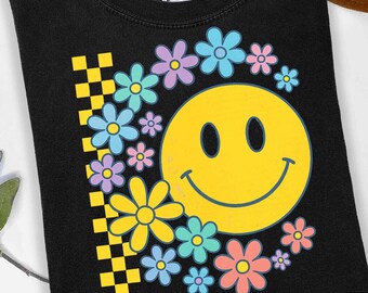 Paquete PNG floral de cara sonriente retro, diseño inspirador de amor propio, PNG motivacional de salud mental, sublimación de vibraciones positivas, autoestima