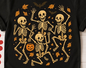 Esqueleto bailando PNG, clipart de Halloween retro, PNG de temporada espeluznante, diseño de disfraz de esqueleto lindo, descarga de sublimación de calabaza de otoño