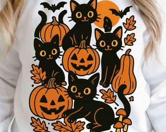 Black Cat Pumpkin PNG, Ghost Cat Halloween Design, Retro Gothic Fall PNG, Spooky Autumn Clipart, black cat png, Cat Mama Shirt Sublimation