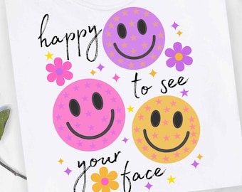 Feliz de ver tu cara PNG, Sublimación de maestro retro, Cara sonriente de positividad, Regreso a clases floral, Positividad PNG Sonrisa con flores PNG