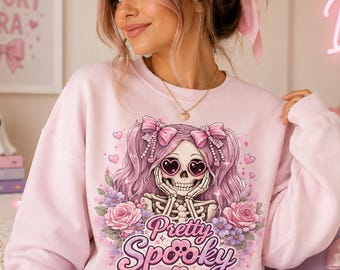 PNG espeluznante, PNG de esqueleto coqueto, sublimación de Halloween en tonos pastel, imágenes prediseñadas góticas rosas, diseño de camiseta de chica esqueleto linda