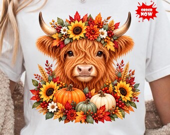 Vaca de las Tierras Altas de Otoño PNG, Clip art de vaca de las Tierras Altas de Otoño, Diseño de sublimación de vaca linda, Otoño campestre PNG, Descarga digital de vaca estilo cottagecore