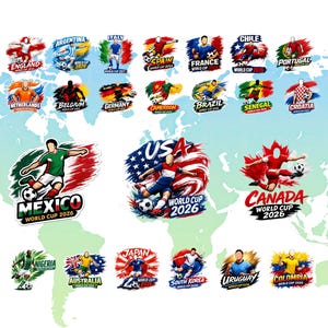 May include: A collection of colorful World Cup 2026 themed graphics featuring soccer players and country flags. Includes graphics for England, Argentina, Italy, Spain, France, Chile, Portugal, Netherlands, Belgium, Germany, Cameroon, Brazil, Senegal, Croatia, Mexico, USA, Canada, Nigeria, Australia, Japan, South Korea, Uruguay, and Colombia.