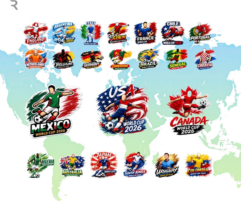 May include: A collection of colorful World Cup 2026 themed graphics featuring soccer players and country flags. Includes graphics for England, Argentina, Italy, Spain, France, Chile, Portugal, Netherlands, Belgium, Germany, Cameroon, Brazil, Senegal, Croatia, Mexico, USA, Canada, Nigeria, Australia, Japan, South Korea, Uruguay, and Colombia.