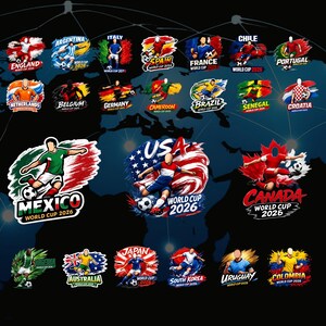 May include: A dark blue graphic featuring logos of various countries participating in the World Cup 2026. Each logo includes a flag and a soccer player. Countries include England, Argentina, Italy, Spain, France, Chile, Portugal, Netherlands, Belgium, Germany, Cameroon, Brazil, Senegal, Croatia, Mexico, USA, Canada, Japan, Australia, South Korea, Uruguay, and Colombia.