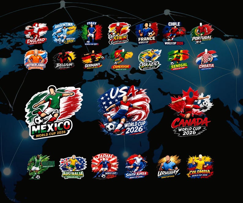 May include: A dark blue graphic featuring logos of various countries participating in the World Cup 2026. Each logo includes a flag and a soccer player. Countries include England, Argentina, Italy, Spain, France, Chile, Portugal, Netherlands, Belgium, Germany, Cameroon, Brazil, Senegal, Croatia, Mexico, USA, Canada, Japan, Australia, South Korea, Uruguay, and Colombia.
