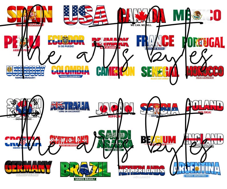 May include: A graphic design featuring flags of various countries, including the USA, Canada, and Mexico, with text such as "the arts bytes." The flags are displayed in a colorful, patriotic style.