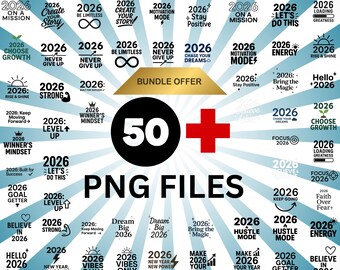 Paquete de imágenes PNG con citas motivacionales para 2026, imágenes inspiradoras de Año Nuevo, fondo transparente, diseños para camisetas, citas positivas, descarga digital