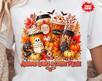 Café con hojas de otoño PNG, diseño de taza de café con fantasma de otoño, lindo diseño de sublimación de Halloween PNG, diseño de camiseta de bebida de otoño, descarga instantánea