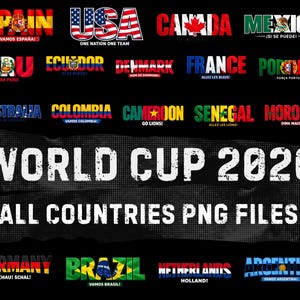 May include: A graphic featuring the text "World Cup 2026" and "All Countries PNG Files." Country names are displayed in flag-themed fonts, including USA, Spain, and Brazil, with slogans like "One Nation One Team."