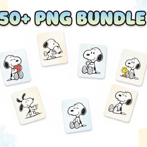 Puede incluir: Una colección de ilustraciones del personaje Snoopy en tarjetas rectangulares. Las tarjetas muestran a Snoopy en varias poses, incluyendo sosteniendo un corazón y sentado con Woodstock. El texto "50+ PNG BUNDLE" está en la parte superior.