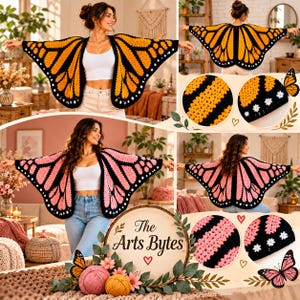 May include: A crochet butterfly wing shawl featuring two color variations: one in orange and black, and one in pink and black. Both designs include white floral accents along the edges. The shawl is displayed in a collage showing front and back views.