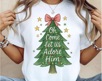 Oh, venid y adorémoslo PNG, Sublimación navideña cristiana, Natividad de Jesús PNG, Árbol de Navidad y luces coquetas Clipart, Dibujado a mano Png