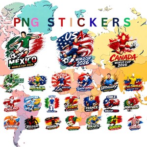 May include: A collection of PNG stickers featuring soccer players and flags representing various countries. The stickers include the text "PNG STICKERS" and country names such as Mexico, USA, Canada, and others, with "World Cup 2026" text.