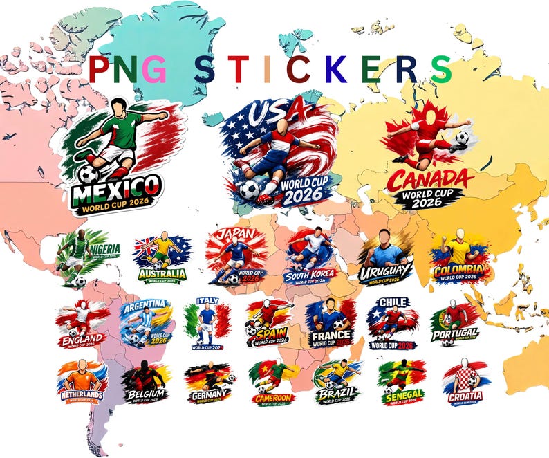 May include: A collection of PNG stickers featuring soccer players and flags representing various countries. The stickers include the text "PNG STICKERS" and country names such as Mexico, USA, Canada, and others, with "World Cup 2026" text.