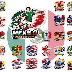 May include: A collection of colorful soccer-themed stickers featuring various national teams. Each sticker showcases a player in action, with team names and "World Cup 2026" text. The stickers include Argentina, Mexico, and the USA.