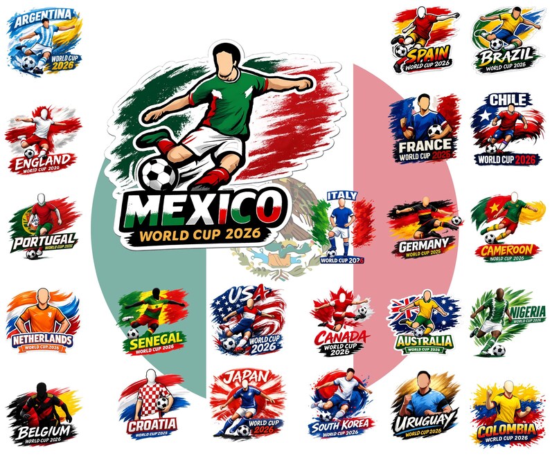 May include: A collection of colorful soccer-themed stickers featuring various national teams. Each sticker showcases a player in action, with team names and "World Cup 2026" text. The stickers include Argentina, Mexico, and the USA.