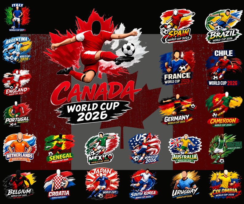 May include: A graphic design promoting the 2026 World Cup in Canada, featuring a soccer player kicking a ball. The design includes logos for various participating countries, such as Italy, Spain, and the USA, with the text "World Cup 2026".