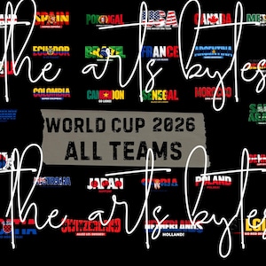 May include: Black graphic featuring flags and team names for the World Cup 2026. Includes text "WORLD CUP 2026 ALL TEAMS" and country names like USA, France, and Japan. The words "The arts bytes" are also present.