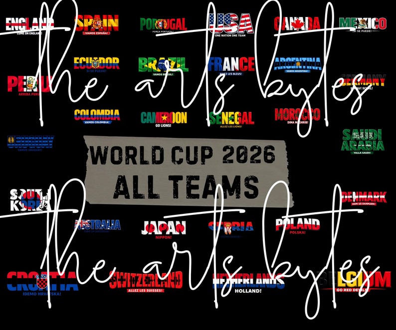 May include: Black graphic featuring flags and team names for the World Cup 2026. Includes text "WORLD CUP 2026 ALL TEAMS" and country names like USA, France, and Japan. The words "The arts bytes" are also present.