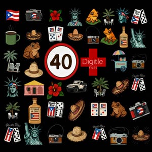 Puede incluir: Una colección de 40 archivos digitales con ilustraciones temáticas de Puerto Rico. Incluye imágenes de la bandera de Puerto Rico, la Estatua de la Libertad, ranas, cámaras, dominós, sombreros y un jeep. También está presente el texto "Digitile Files".