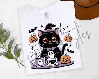 Paquete de imágenes PNG de gatos de Halloween, 4 diseños lindos de gatos negros para Halloween, brujas kawaii, calabazas mágicas, imprimibles acogedores para la temporada, descarga de imágenes prediseñadas de otoño