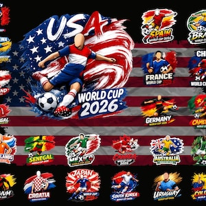 May include: A graphic design featuring a soccer player kicking a ball in front of a stylized American flag, with "WORLD CUP 2026" text. Surrounding the central image are logos for various national teams participating in the World Cup.