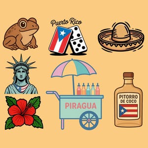 Puede incluir: Ilustraciones de símbolos puertorriqueños. Incluye una rana, dominós, un sombrero, la Estatua de la Libertad, una flor de hibisco, un carrito de piragua y una botella de Pitorro de Coco, sobre un fondo naranja claro.