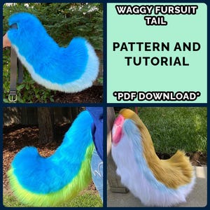 May include: Images of a colourful furry tail, designed for a fursuit, in shades of blue, yellow, and brown. The tail has a curved shape. Text on the image reads "Waggy Fursuit Tail Pattern and Tutorial *PDF Download*".