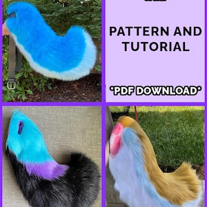 May include: A digital pattern and tutorial for a waggy fursuit tail, available as a PDF download. The image displays three examples of faux fur tails in blue and white, black, purple and blue, and tan, white and blue colour combinations.