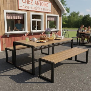 Minimalist DIY Picnic Table Set Plans – Modern Outdoor Table with 2 Benches – PDF Wood and Metal Frame Plans – Patio Garden Furniture