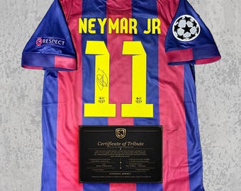 Maglia commemorativa autografata di Neymar Jr. del 2015 (stampata) / Maglia da calcio classica a righe catalane / Regalo per i fan con autografo