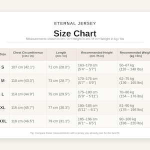 Pu&ograve; includere: Tabella delle taglie per Eternal Jersey, che mostra circonferenza torace, lunghezza, altezza consigliata e peso. Le misure sono in cm/in, ft-in e kg/lbs. Taglie dalla S alla XXL, con circonferenze torace da 107 cm a 118 cm.