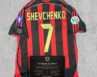 Camiseta conmemorativa firmada de A. Shevchenko 2003 (impresa) / Camiseta clásica de fútbol del Milan roja y negra / Regalo para aficionados con autógrafo