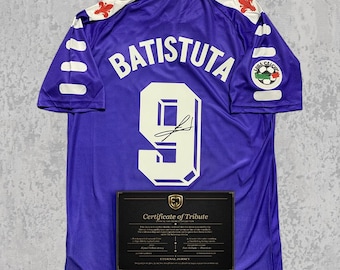 Camiseta de homenaje firmada por G. Batistuta de 1999 (impresa) / Camiseta clásica de fútbol Florence Purple / Regalo para aficionados con autógrafo