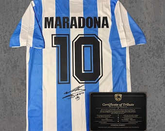 Camiseta conmemorativa de D. Maradona de 1986 / Firma estampada / Camiseta clásica azul y blanca / Regalo para el fanático de la leyenda