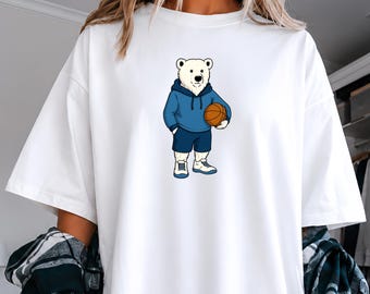 Basketball Polar Bear Graphic Tee, Streetwear Animal Sports Shirt, Urban Bear Athlete Design
