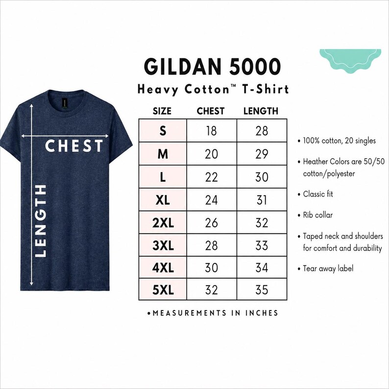 May include: A navy blue Gildan 5000 Heavy Cotton T-shirt with a chest measurement chart in inches. The chart lists sizes S to 5XL, with chest measurements from 18 to 32 inches and lengths from 28 to 35 inches.