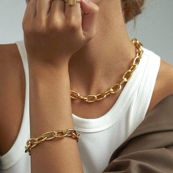 Chunky Gold Link Chain Necklace, 18K Gold-Plated Oval Link Chain Layering Jewelry, Statement Chain Necklace, Christmas Gift for Her