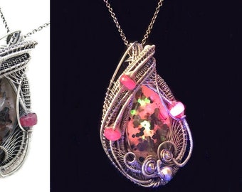 UV-Fluorescent, Franklinite/Willemite Pendant, Wire-Wrapped in Sterling Silver with Pink Sapphire