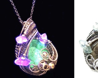 UV-Fluorescent, Mexican Hyalite Opal Wire-Wrapped Pendant in Sterling Silver with Fluorite