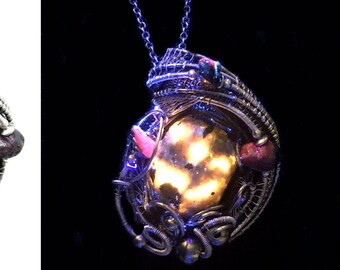 UV-Fluorescent, Yooperlite (Sodalite) Pendant, Wire-Wrapped in Sterling Silver with Ruby Zoisite