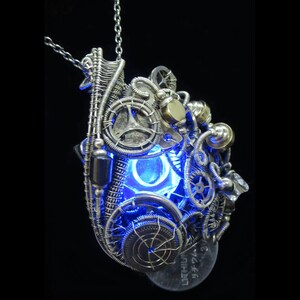 Blue Resin Nut Pendant with Upcycled Electronic and Watch Parts, Steampunk/Cyberpunk Fusion, Wire-Wrap