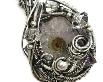 Amethyst Stalactite Slice Druzy Wire-Wrapped Pendant in Antiqued Sterling Silver with Herkimer Diamonds